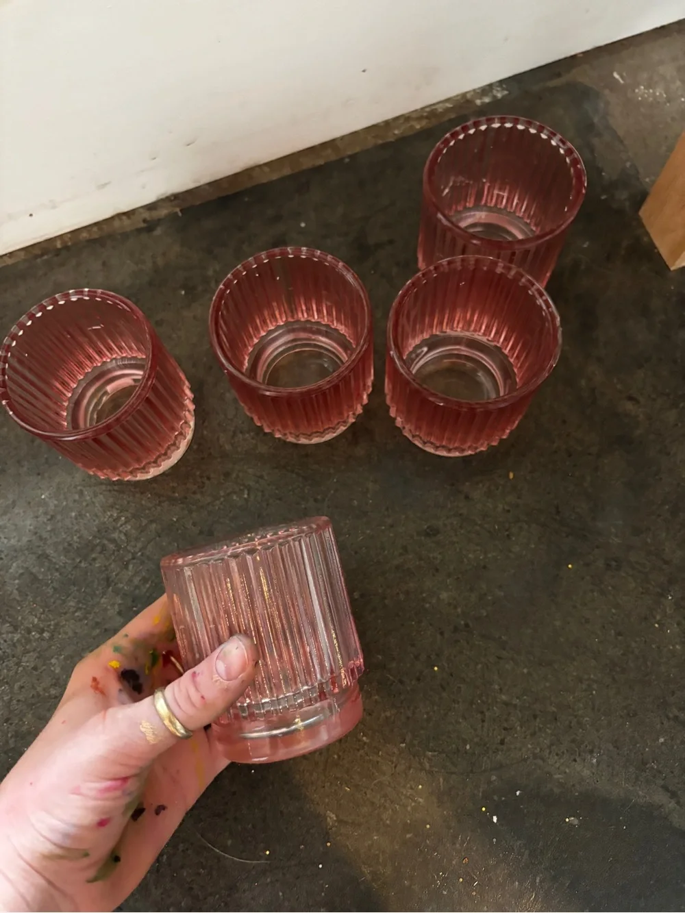 Pink Ribbed Glass Tumbler cups - Set of 5